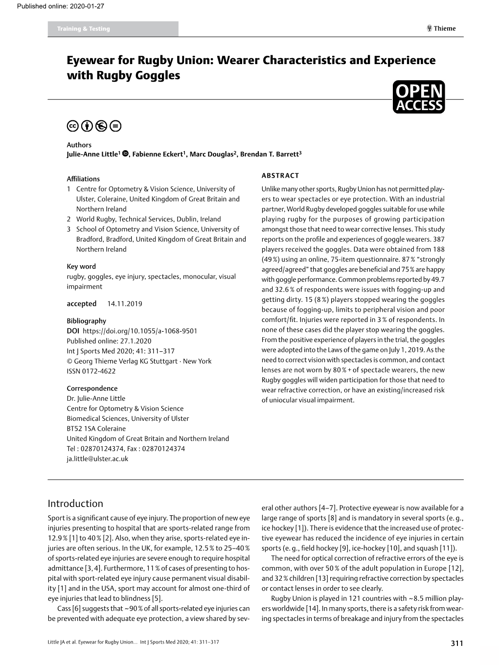 Eyewear for Rugby Union: Wearer Characteristics and Experience with Rugby Goggles