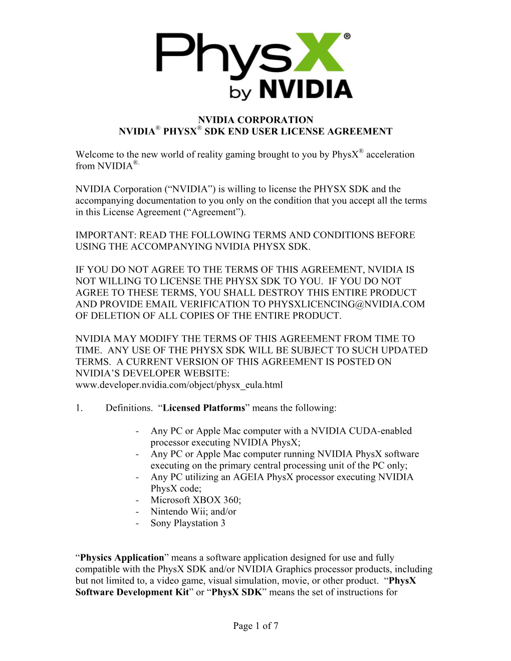 NVIDIA Physx SDK EULA