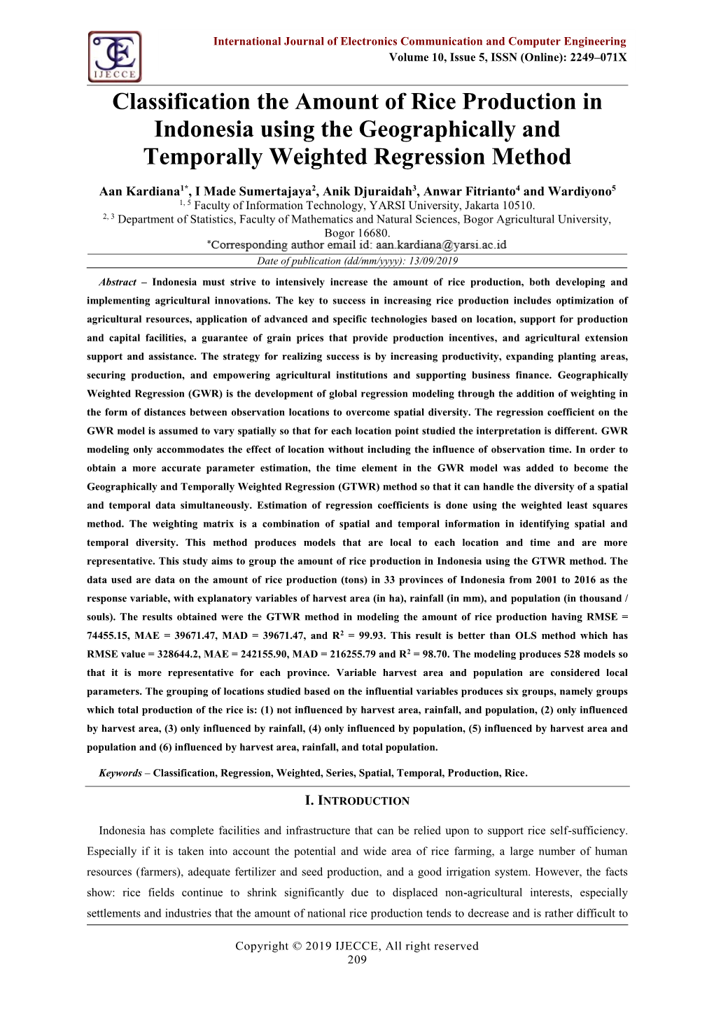 Classification the Amount of Rice Production in Indonesia Using the Geographically and Temporally Weighted Regression Method