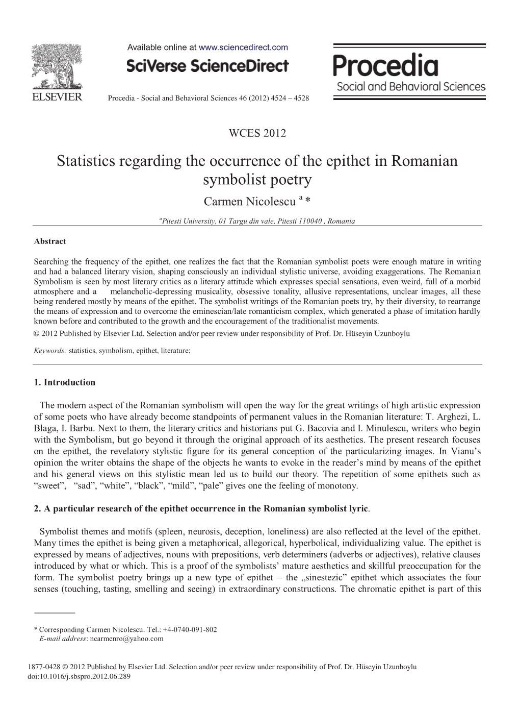 Statistics Regarding the Occurrence of the Epithet in Romanian Symbolist Poetry