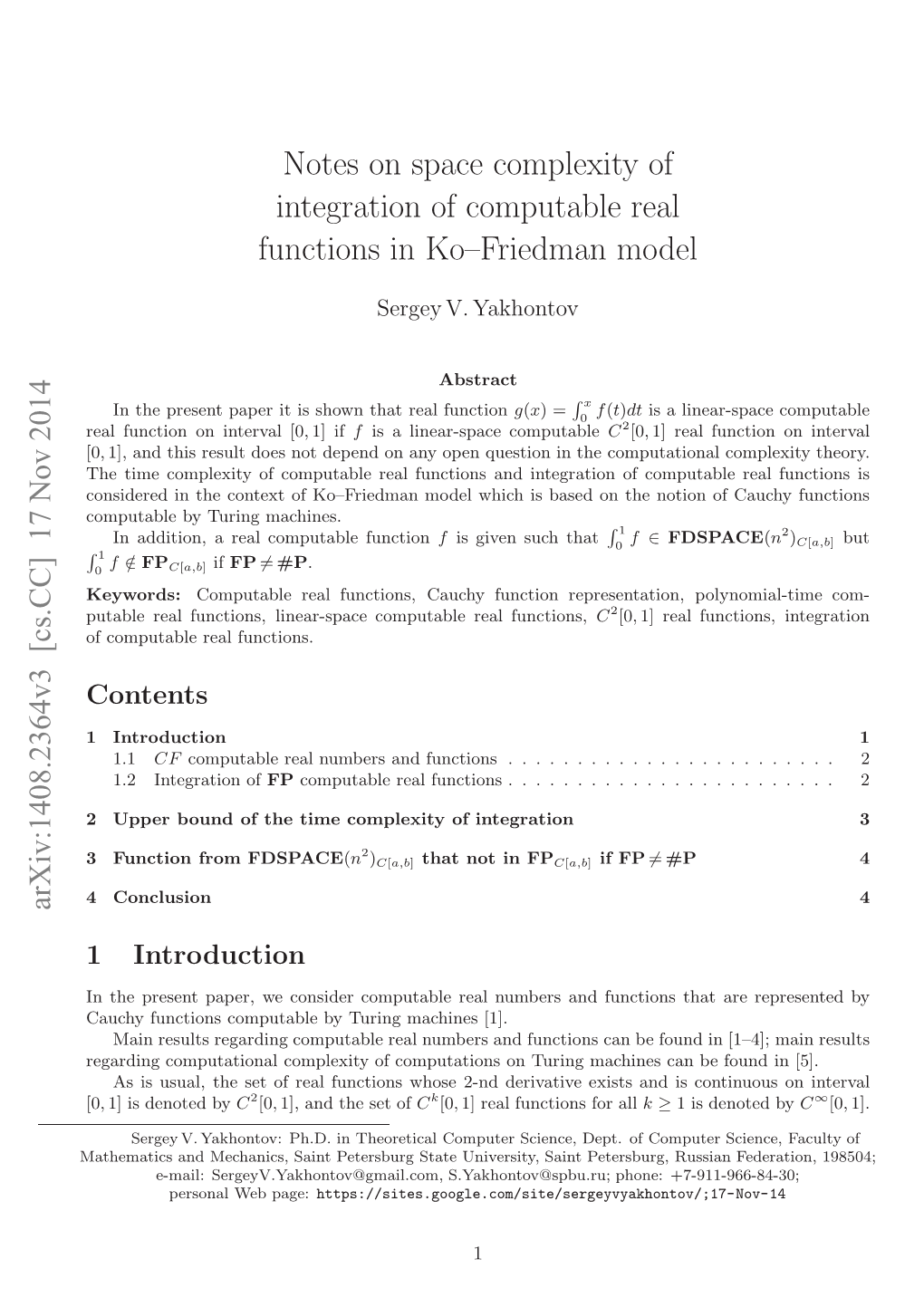 Notes on Space Complexity of Integration of Computable Real