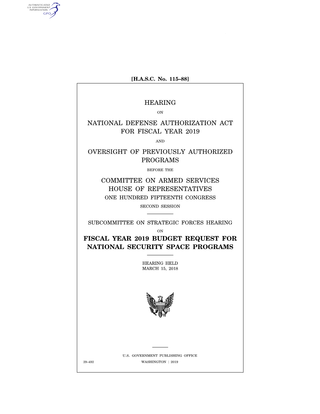 Hearing National Defense Authorization Act For