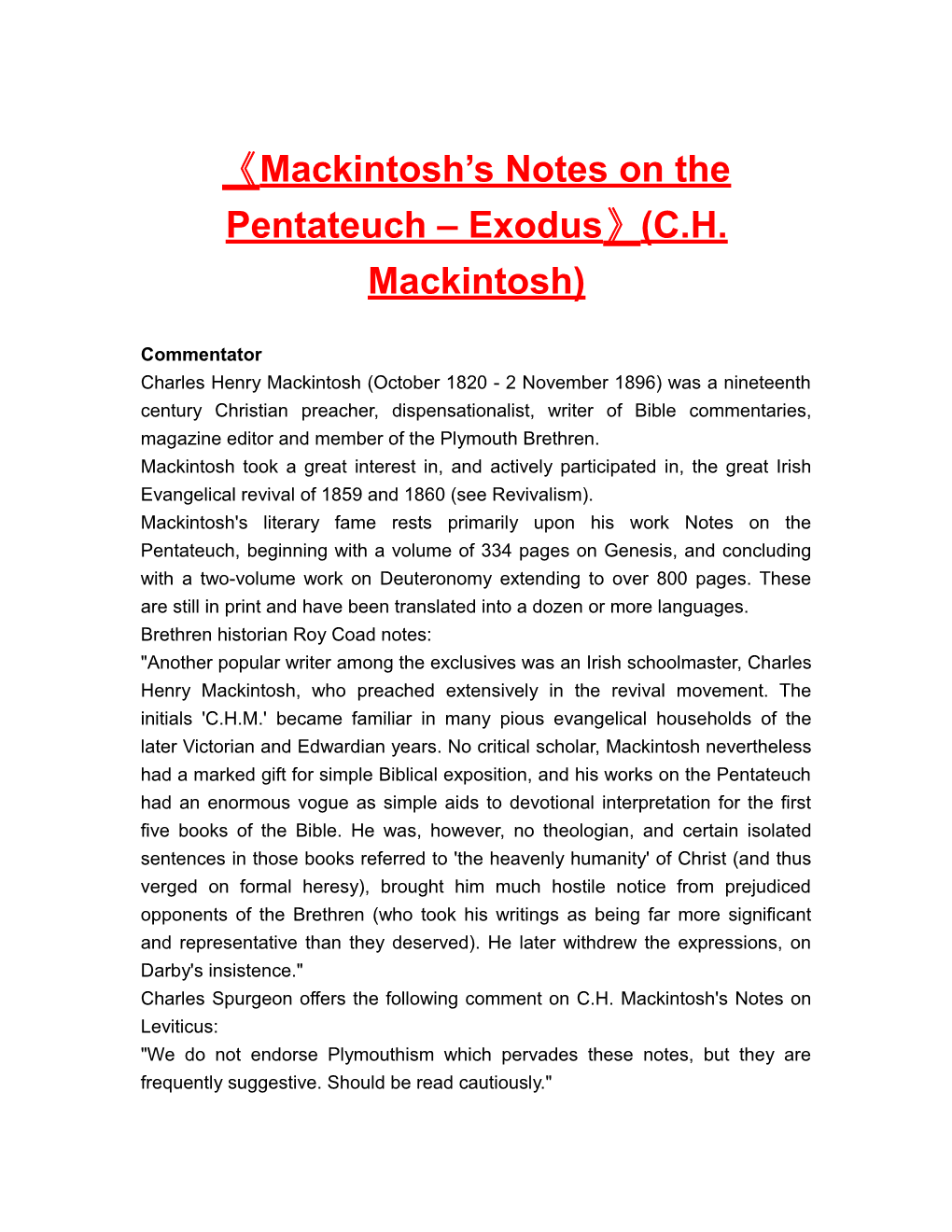 Mackintosh S Notes on the Pentateuch Exodus (C.H. Mackintosh)