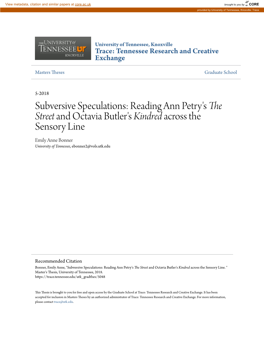 And Octavia Butler's Kindred Across the Sensory Line Emily Anne Bonner University of Tennessee, Ebonner2@Vols.Utk.Edu