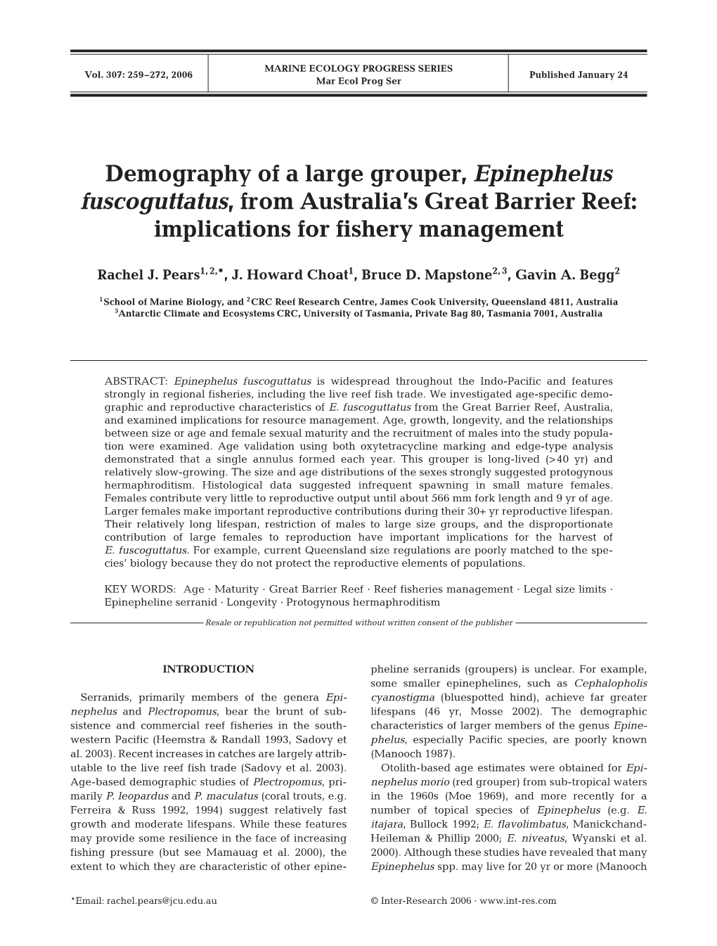 Demography of a Large Grouper, Epinephelus Fuscoguttatus, from Australia’S Great Barrier Reef: Implications for Fishery Management