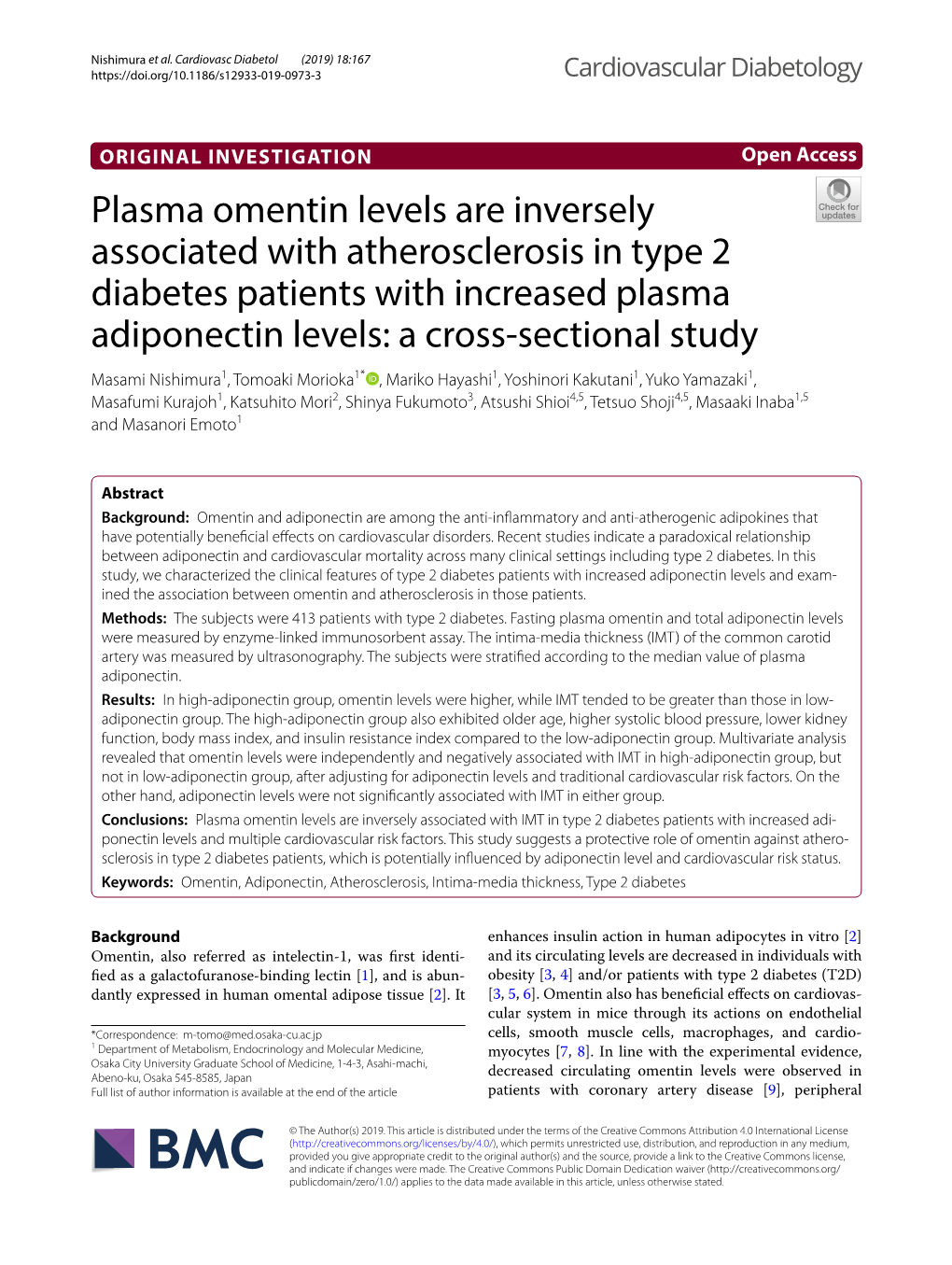 Plasma Omentin Levels Are Inversely Associated with Atherosclerosis In