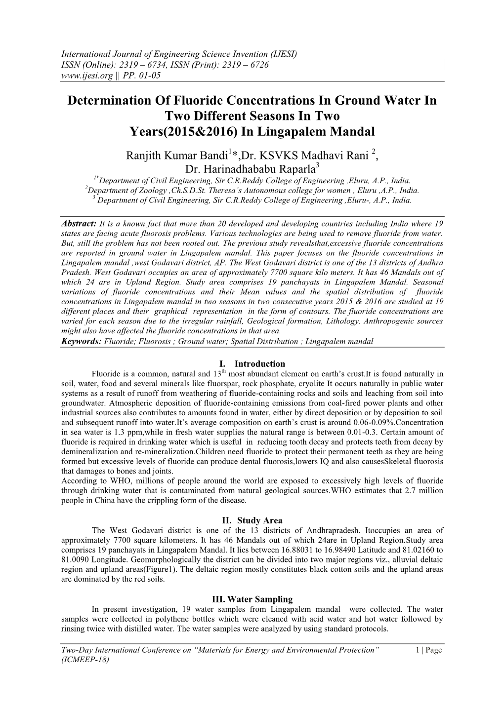 Determination of Fluoride Concentrations in Ground Water in Two Different Seasons in Two Years(2015&2016) in Lingapalem Mand