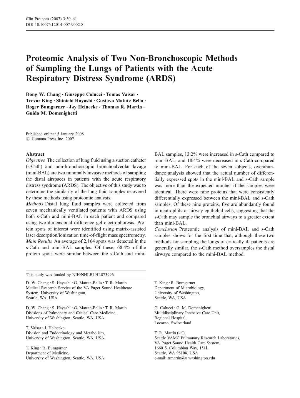 Proteomic Analysis of Two Non-Bronchoscopic Methods of Sampling the Lungs of Patients with the Acute Respiratory Distress Syndrome (ARDS)