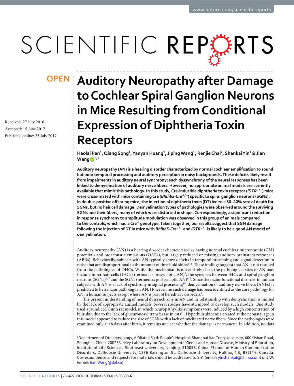 Auditory Neuropathy After Damage to Cochlear Spiral Ganglion Neurons