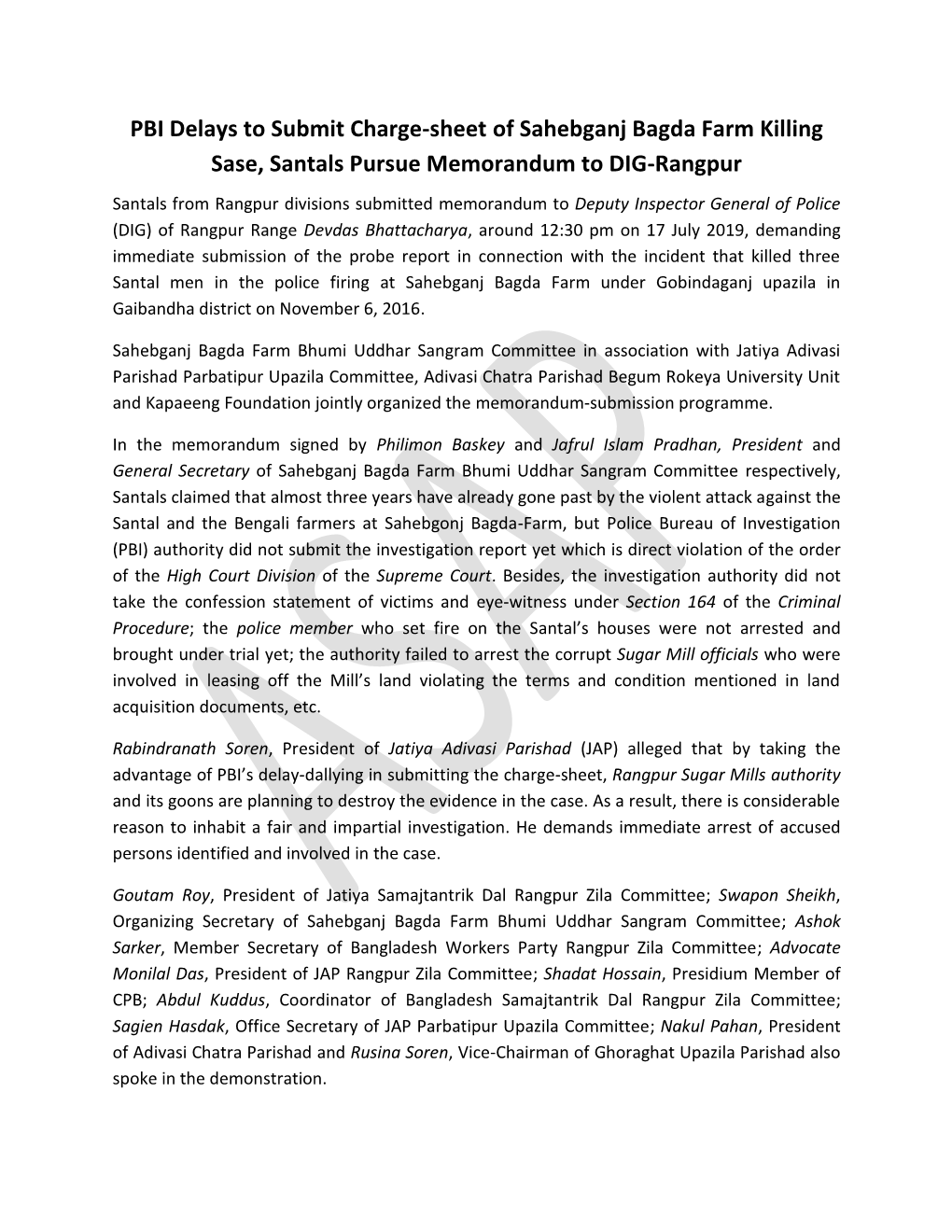 PBI Delays to Submit Charge-Sheet of Sahebganj Bagda Farm
