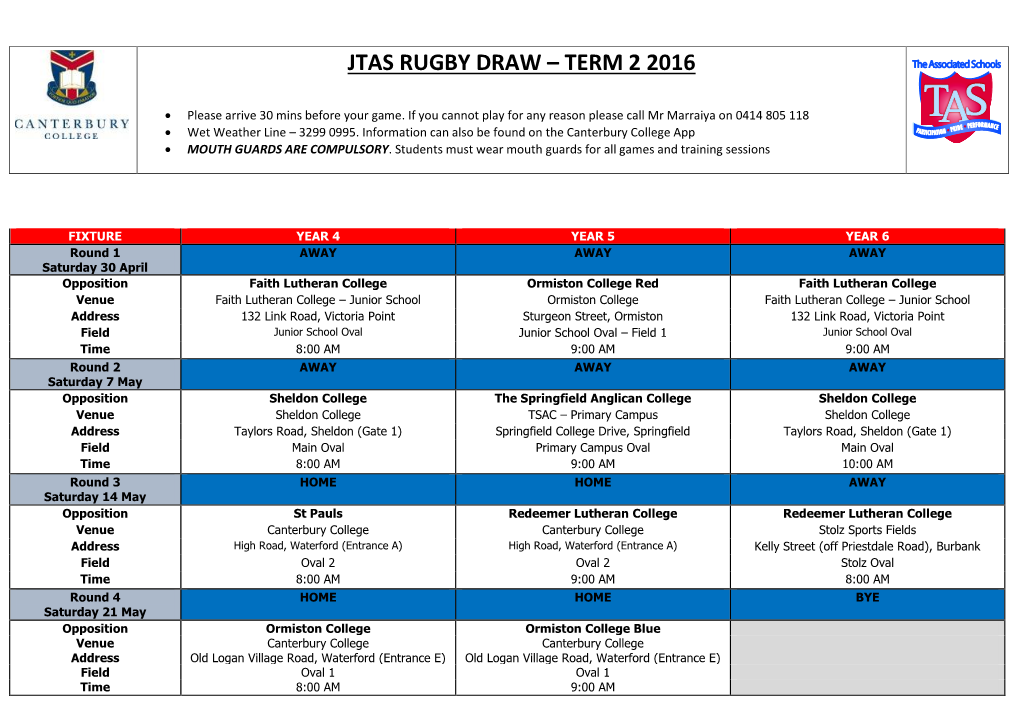 Jtas Rugby Draw – Term 2 2016