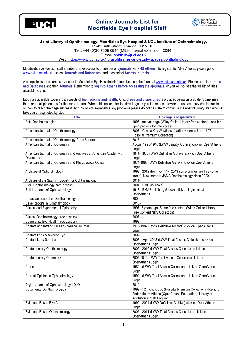 Online Journals List for Moorfields Eye Hospital Staff