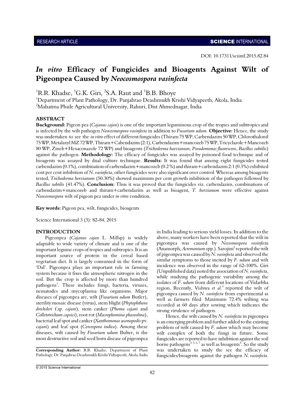 In Vitro Efficacy of Fungicides and Bioagents Against Wilt of Pigeonpea Caused by Neocosmospora Vasinfecta