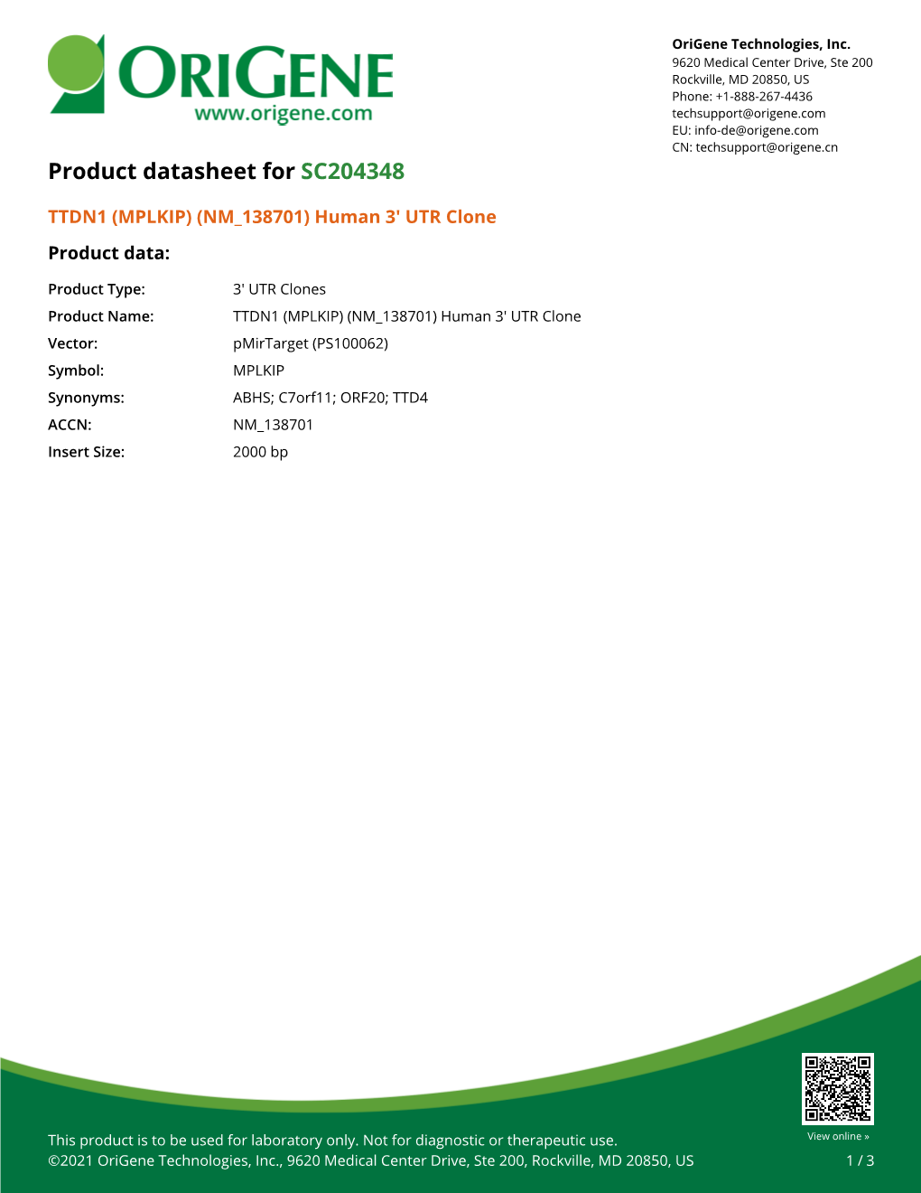 TTDN1 (MPLKIP) (NM 138701) Human 3' UTR Clone Product Data