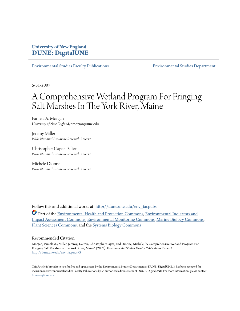 A Comprehensive Wetland Program for Fringing Salt Marshes in the Ory K River, Maine Pamela A