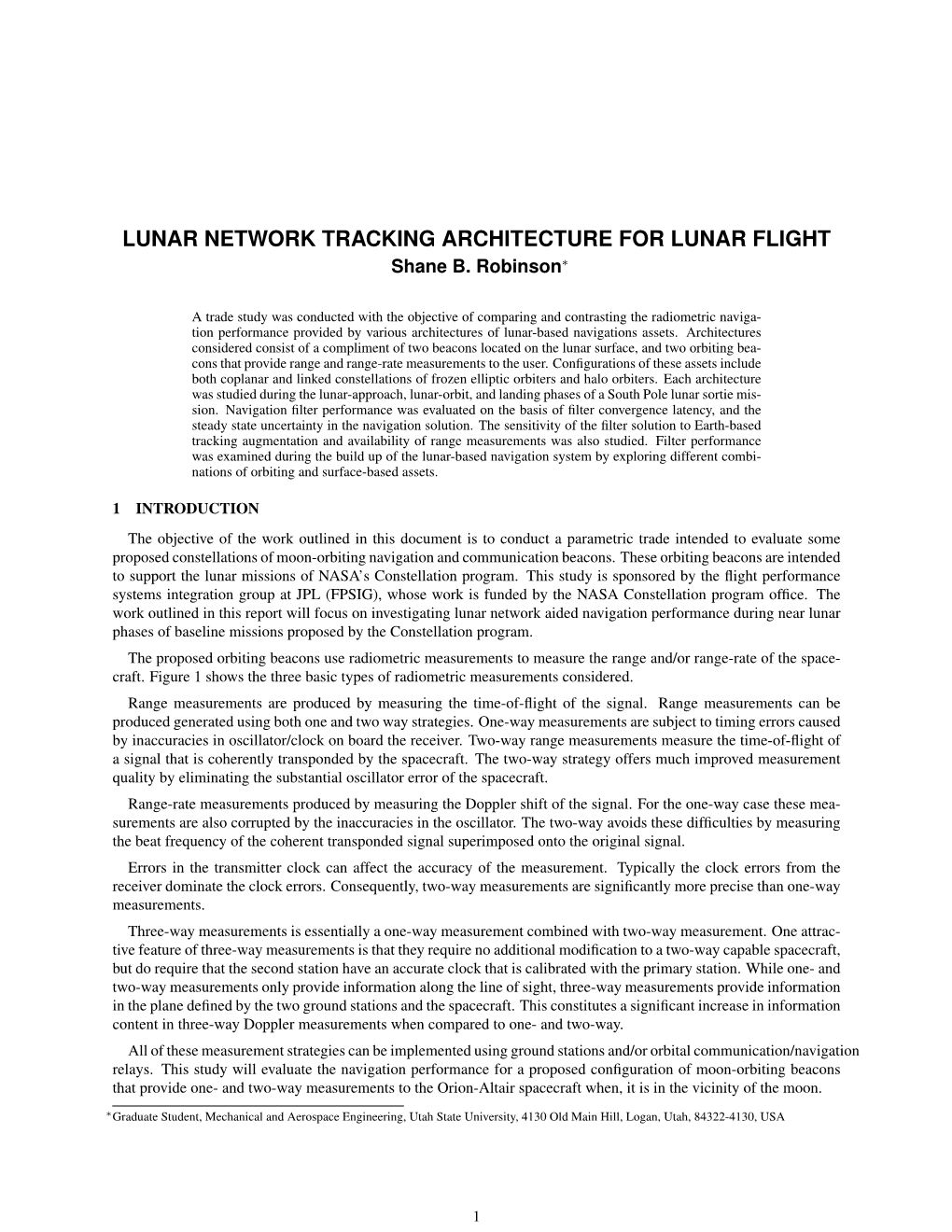 LUNAR NETWORK TRACKING ARCHITECTURE for LUNAR FLIGHT Shane B