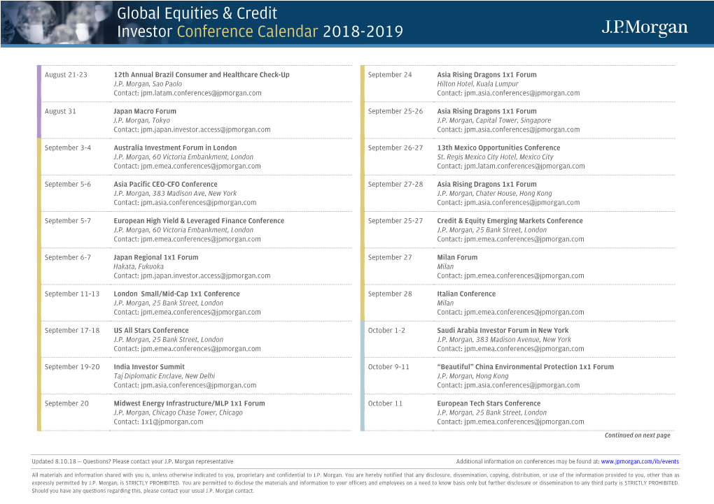 Global Equities & Credit Investor Conference Calendar 2018-2019