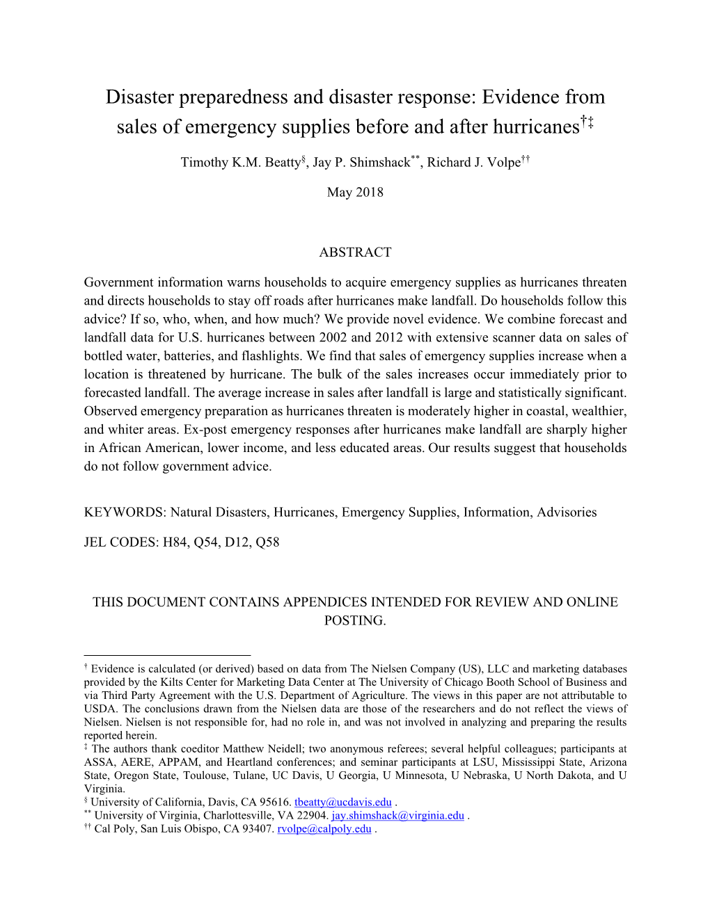 Evidence from Sales of Emergency Supplies Before and After Hurricanes†‡