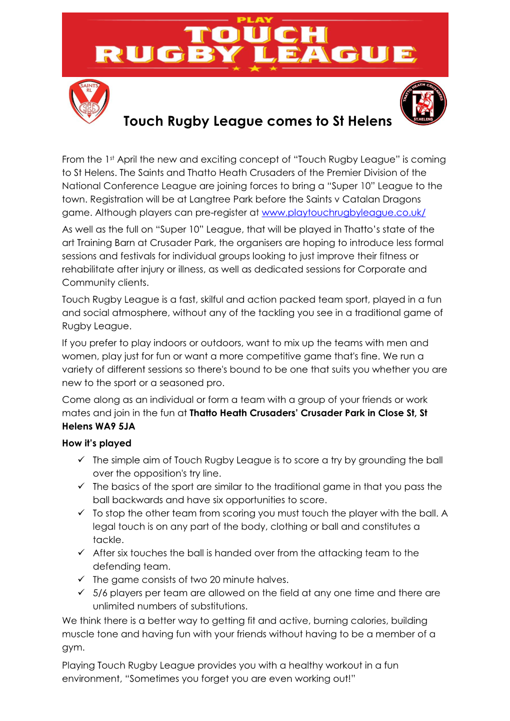 Touch Rugby League Comes to St Helens