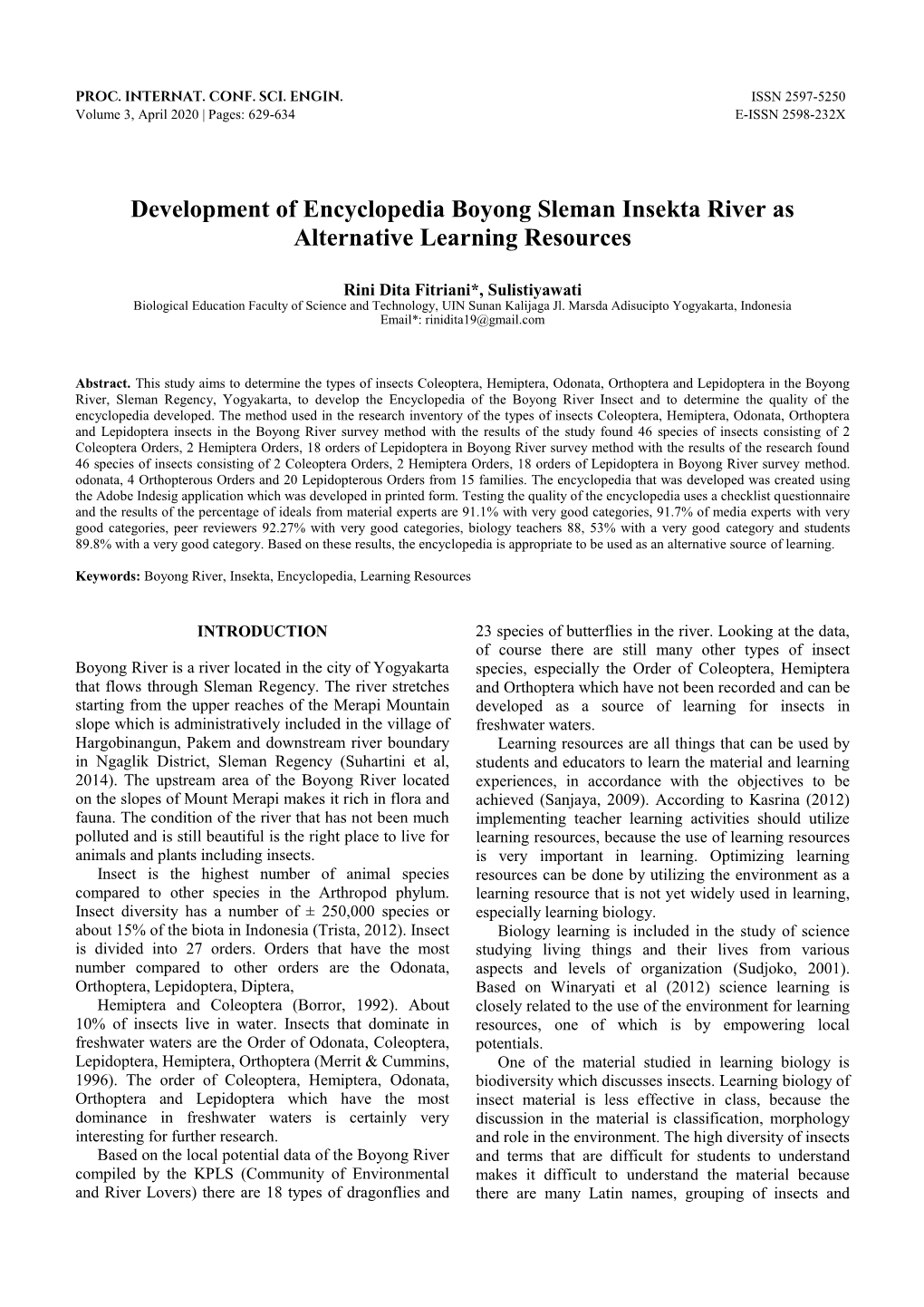 Development of Encyclopedia Boyong Sleman Insekta River As Alternative Learning Resources