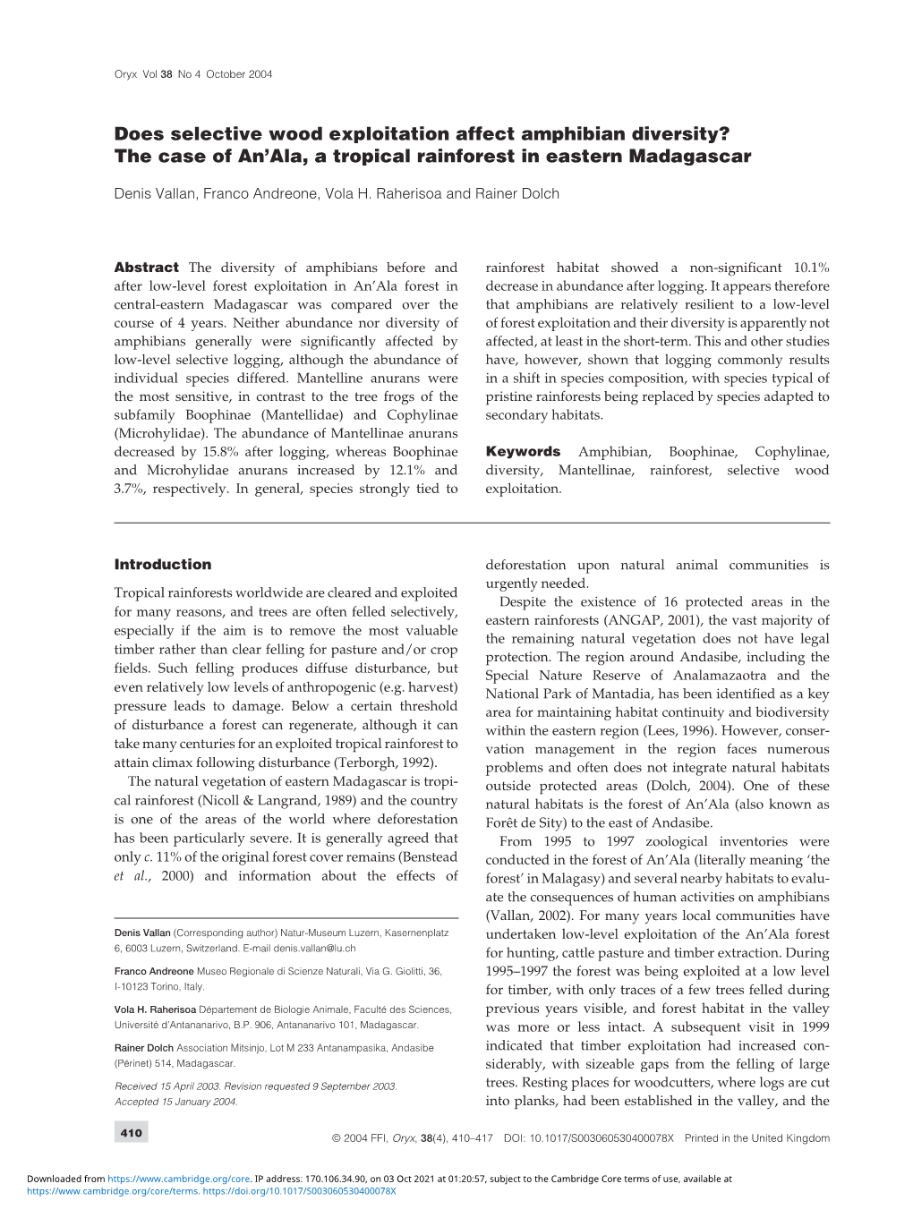 Does Selective Wood Exploitation Affect Amphibian Diversity? the Case of An’Ala, a Tropical Rainforest in Eastern Madagascar