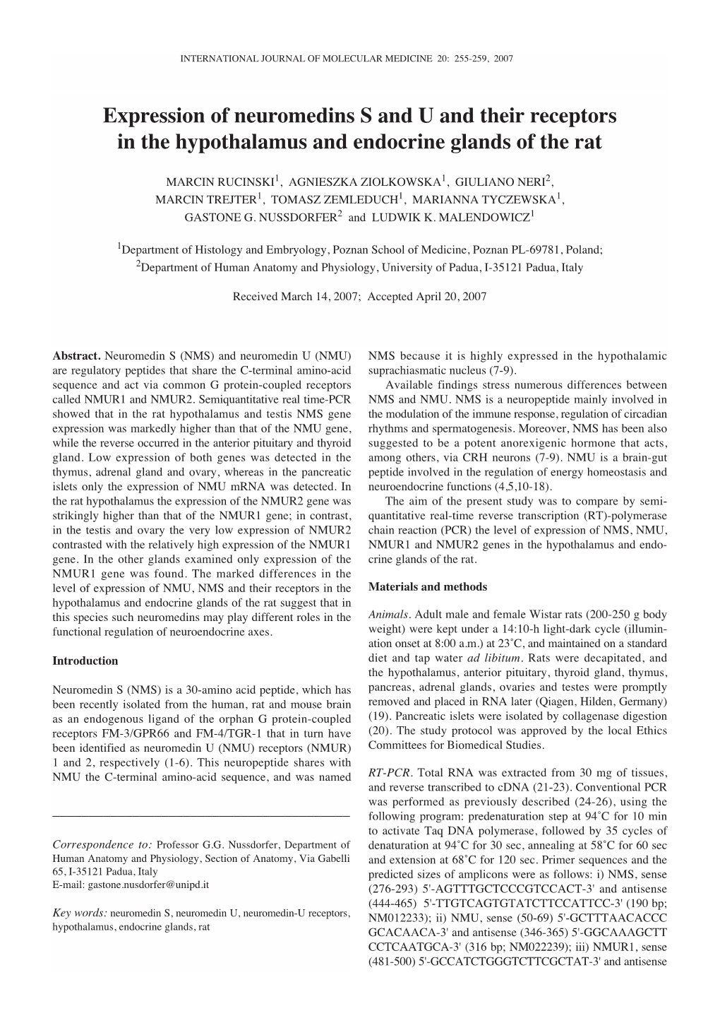 Expression of Neuromedins S and U and Their Receptors in the Hypothalamus and Endocrine Glands of the Rat