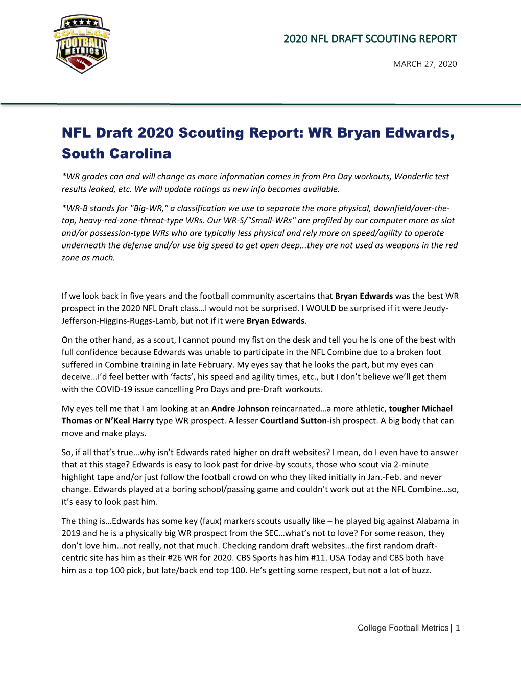 NFL Draft 2020 Scouting Report: WR Bryan Edwards, South Carolina