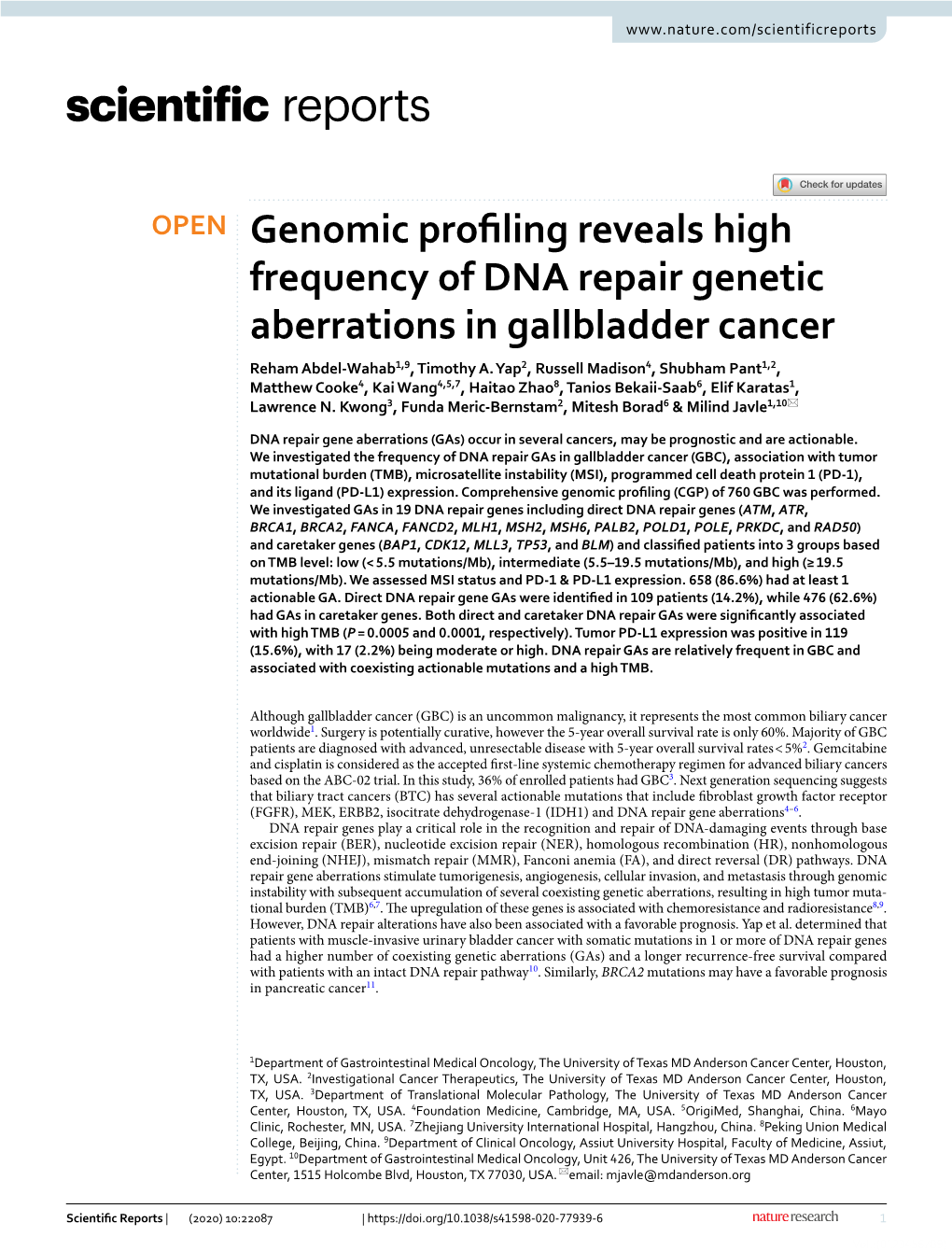 Genomic Profiling Reveals High Frequency of DNA Repair Genetic