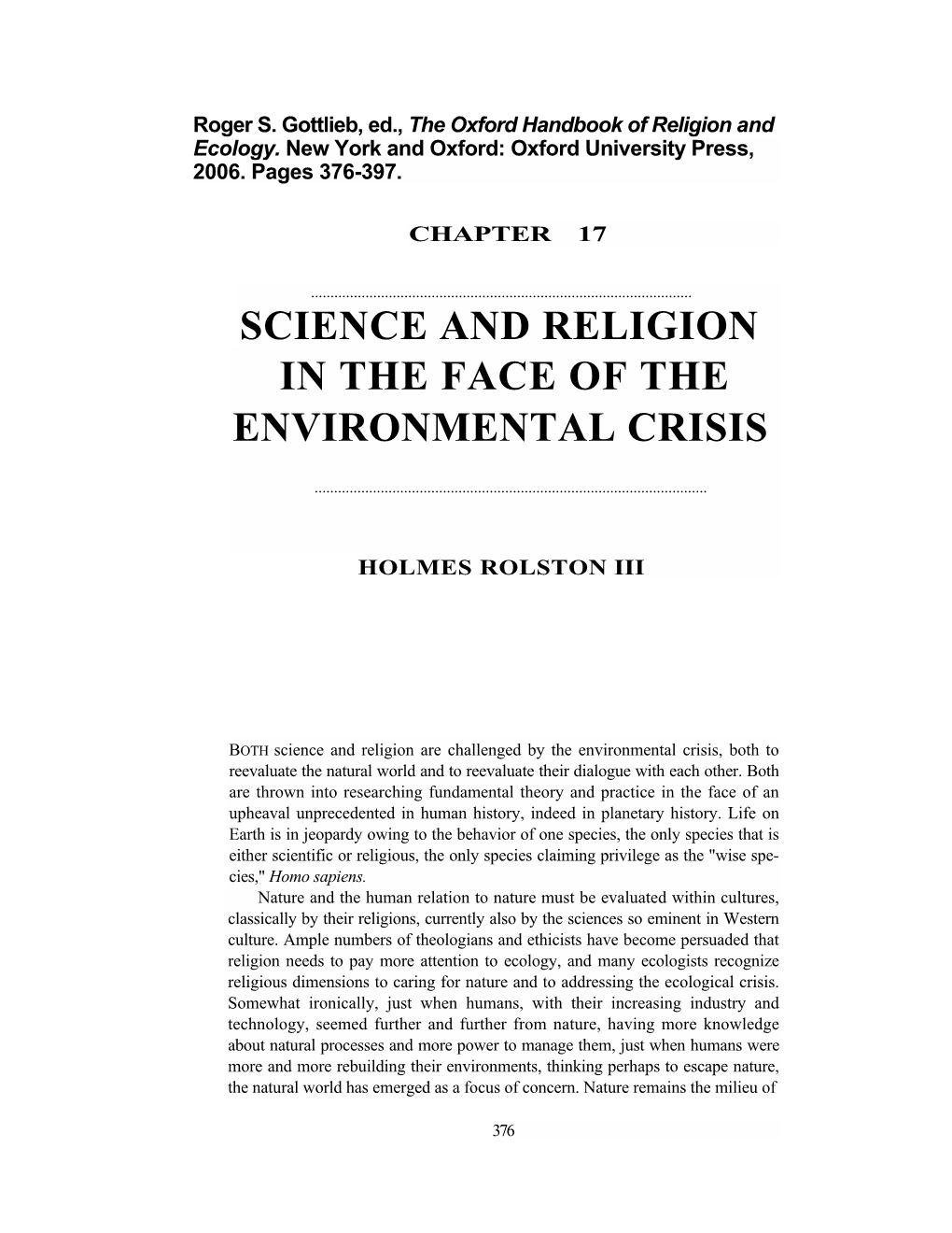 Science and Religion in the Face of the Environmental Crisis