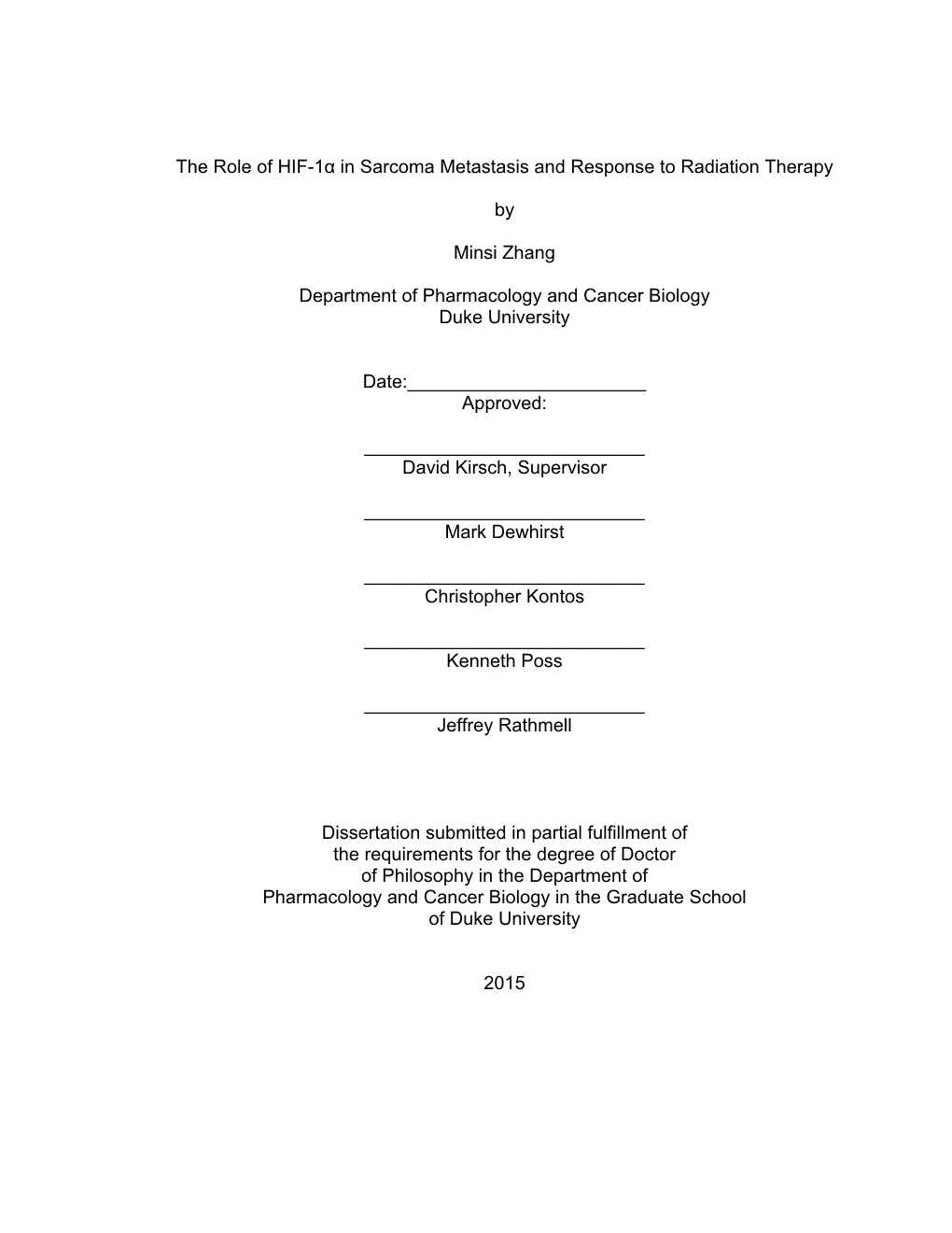 The Role of HIF-1Α in Sarcoma Metastasis and Response to Radiation Therapy