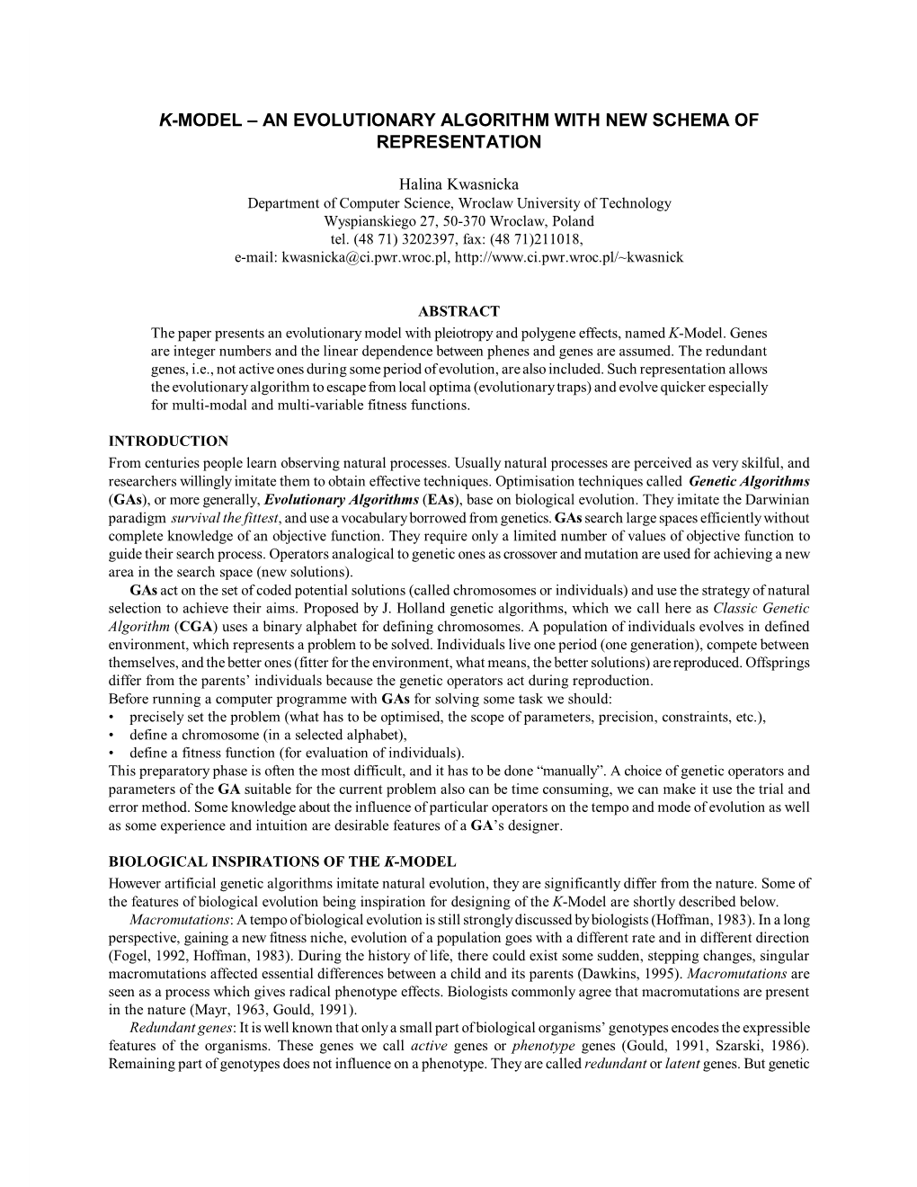 K-Model – an Evolutionary Algorithm with New Schema of Representation