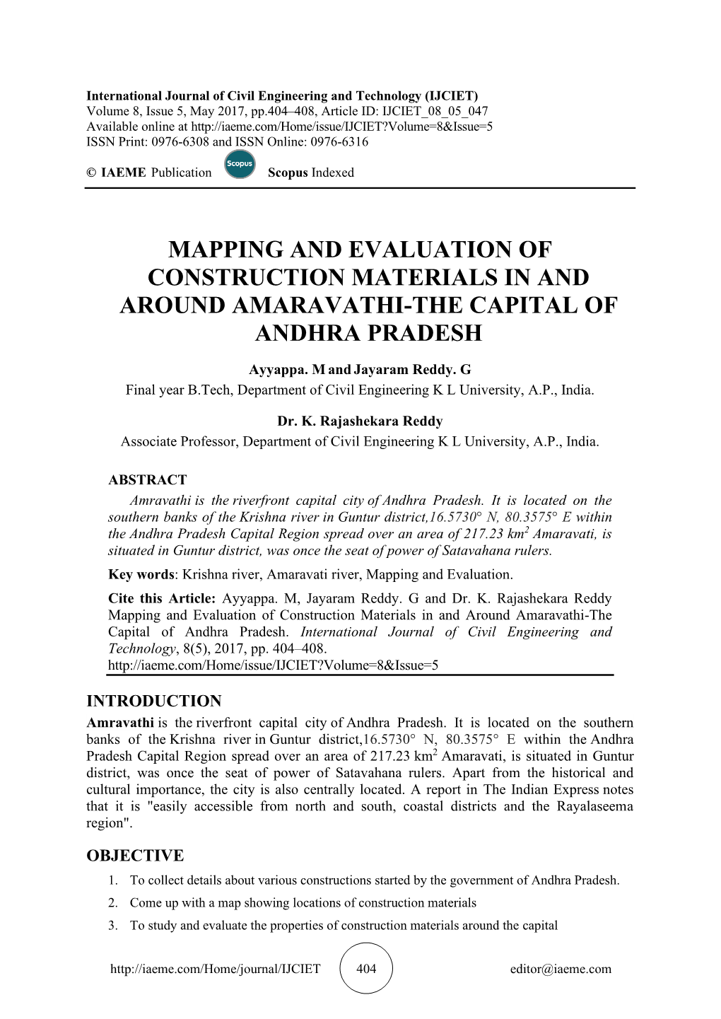 Mapping and Evaluation of Construction Materials in and Around Amaravathi-The Capital of Andhra Pradesh