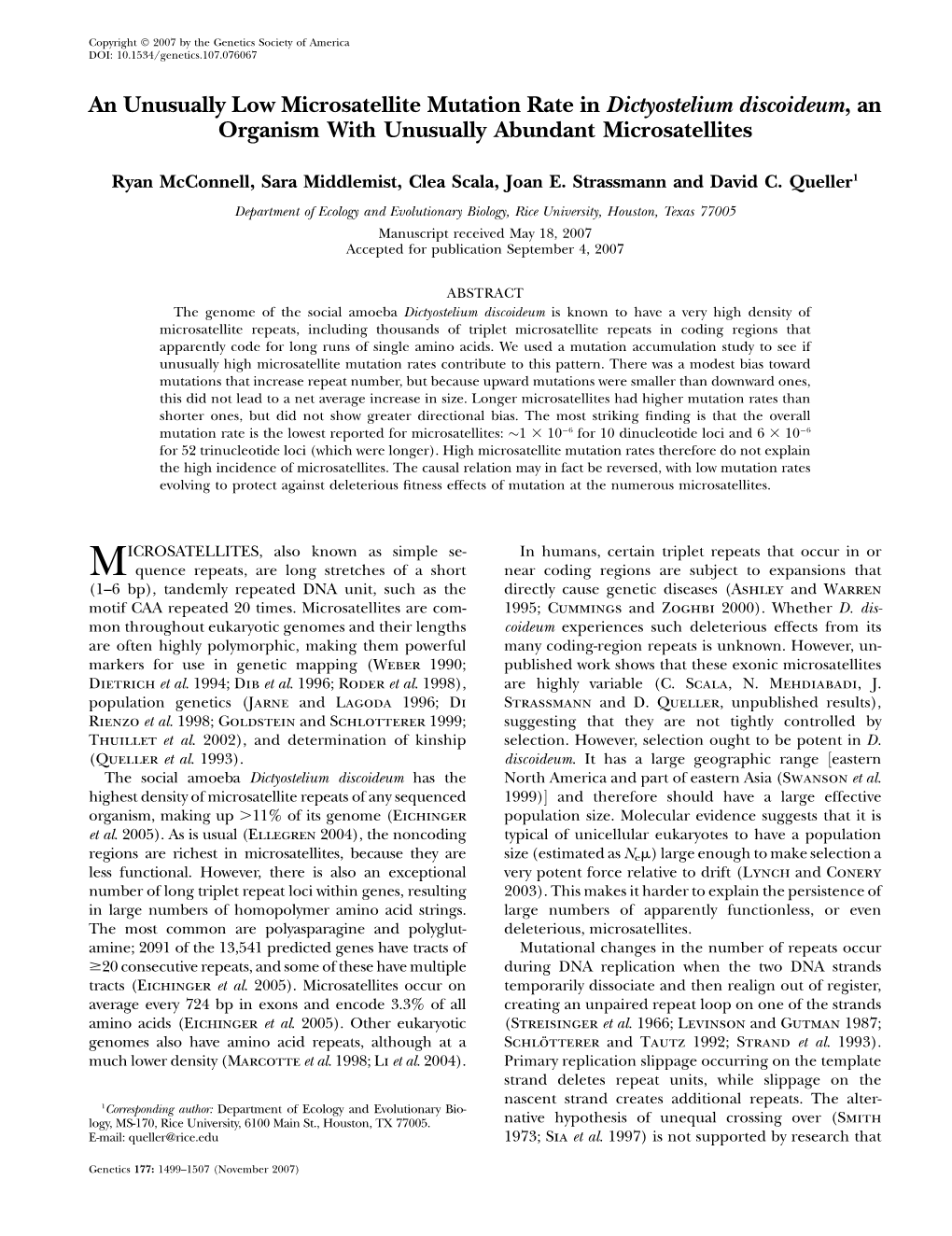 An Unusually Low Microsatellite Mutation Rate in Dictyostelium Discoideum,An Organism with Unusually Abundant Microsatellites