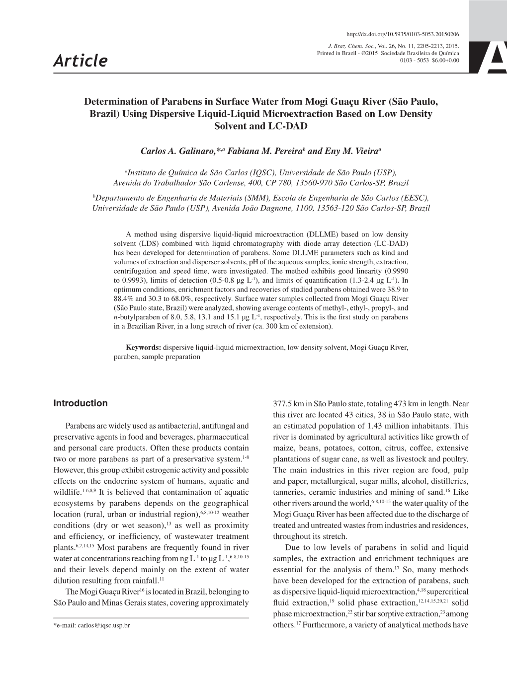 Determination of Parabens in Surface Water from Mogi Guaçu River