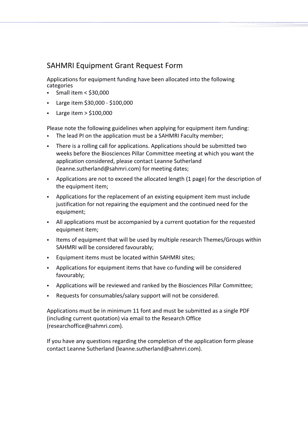 SAHMRI Equipment Grant Request Form