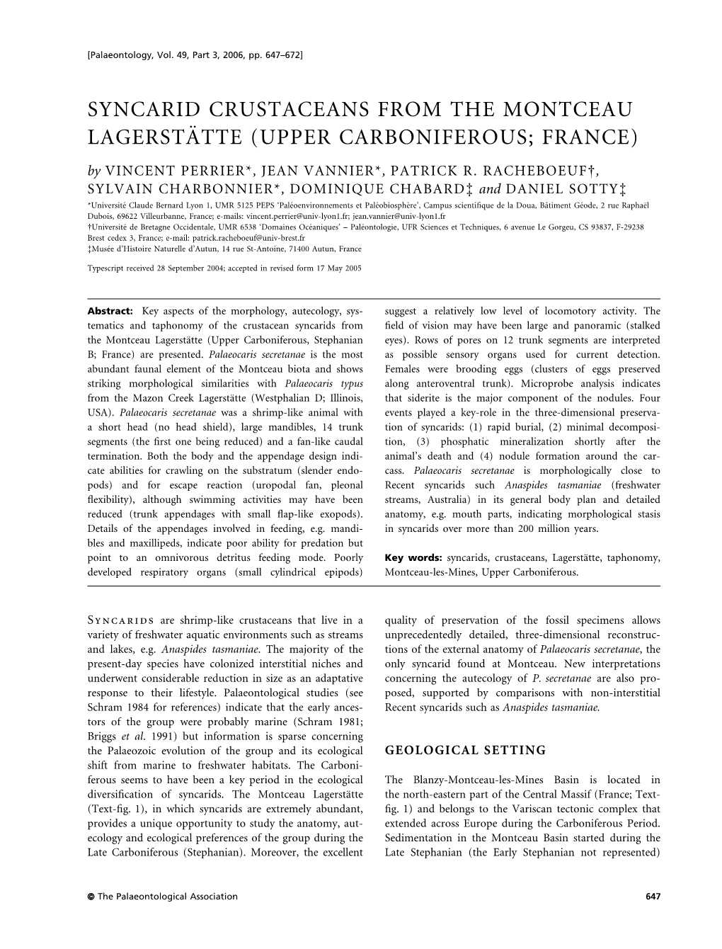 Syncarid Crustaceans from the Montceau Lagersta¨Tte