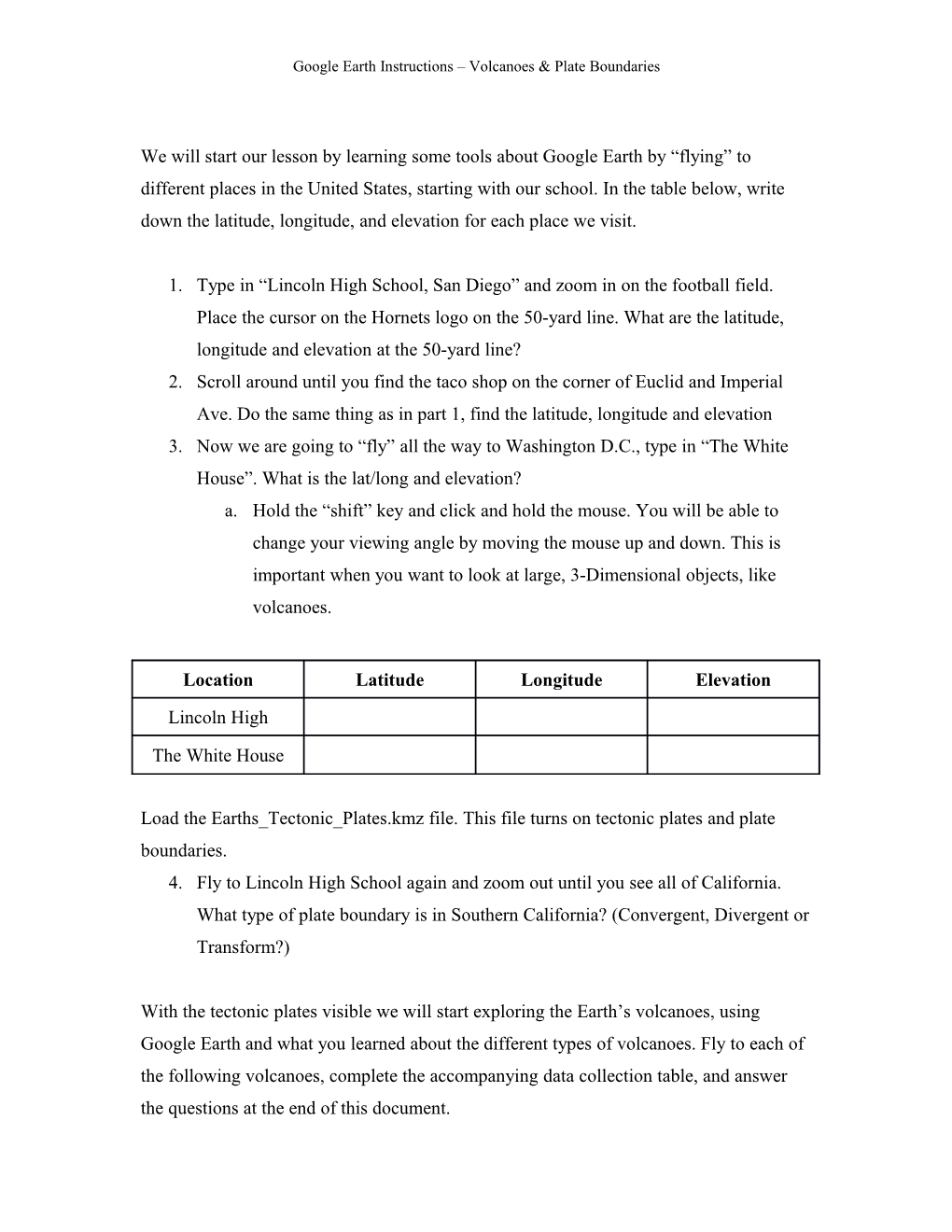 Google Earth Instructions Volcanoes & Plate Boundaries