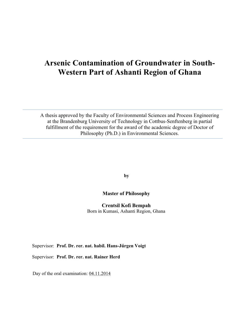Arsenic Contamination of Groundwater in South- Western Part of Ashanti Region of Ghana