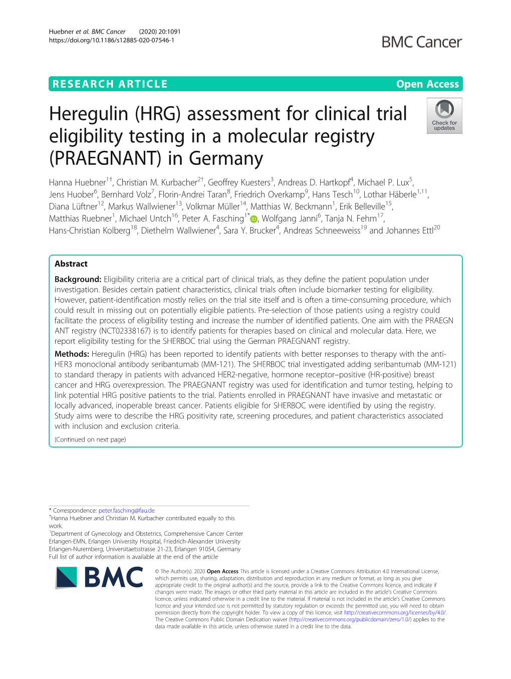 Assessment for Clinical Trial Eligibility Testing in a Molecular Registry (PRAEGNANT) in Germany Hanna Huebner1†, Christian M