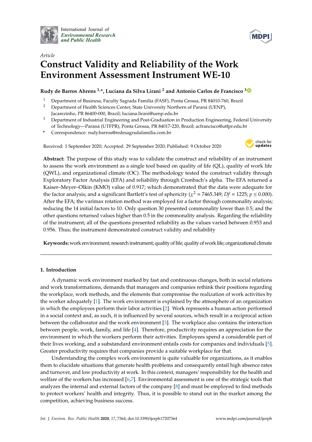 Construct Validity and Reliability of the Work Environment Assessment Instrument WE-10