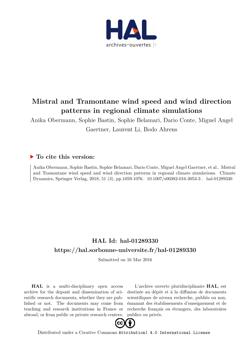 Mistral and Tramontane Wind Speed and Wind Direction Patterns In