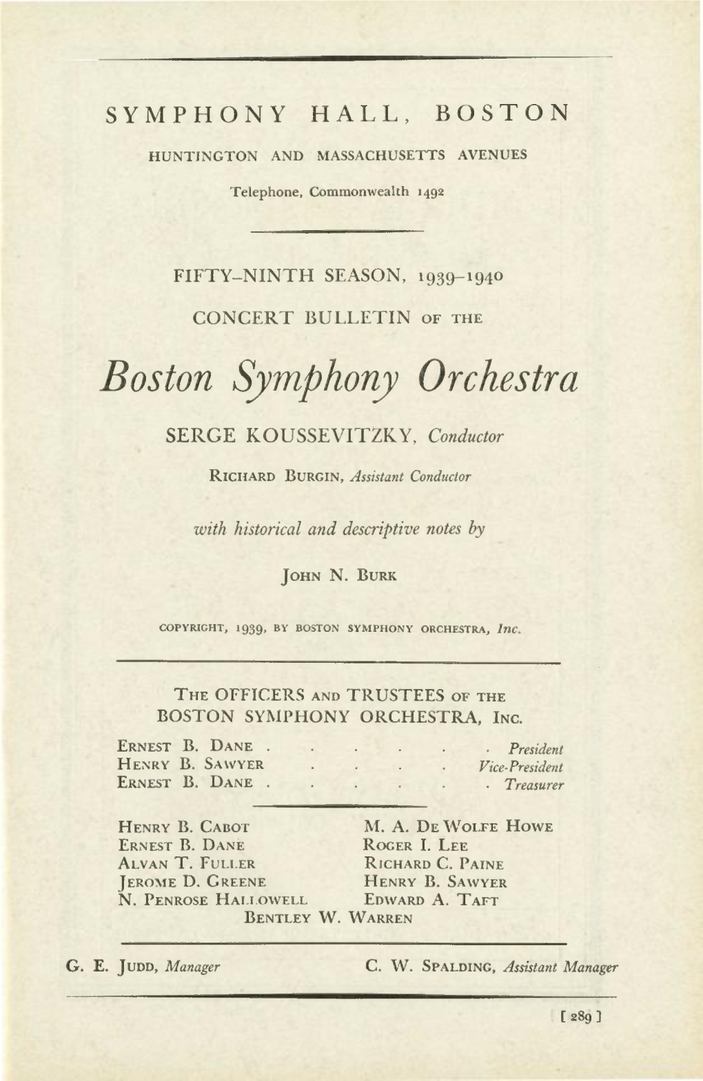 Boston Symphony Orchestra Concert Programs, Season 59,1939