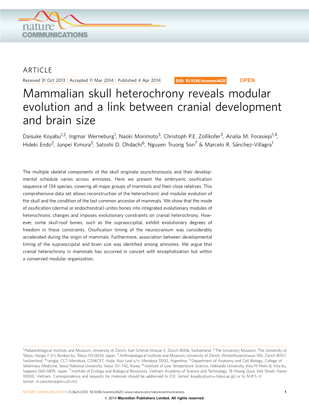 Mammalian Skull Heterochrony Reveals Modular Evolution and a Link Between Cranial Development and Brain Size