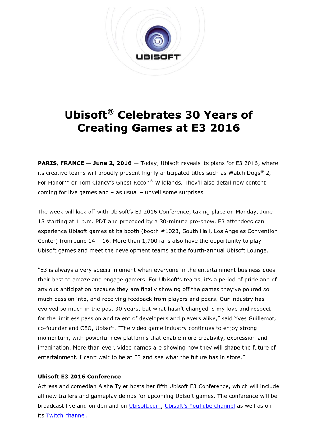 Ubisoft® Celebrates 30 Years of Creating Games at E3 2016