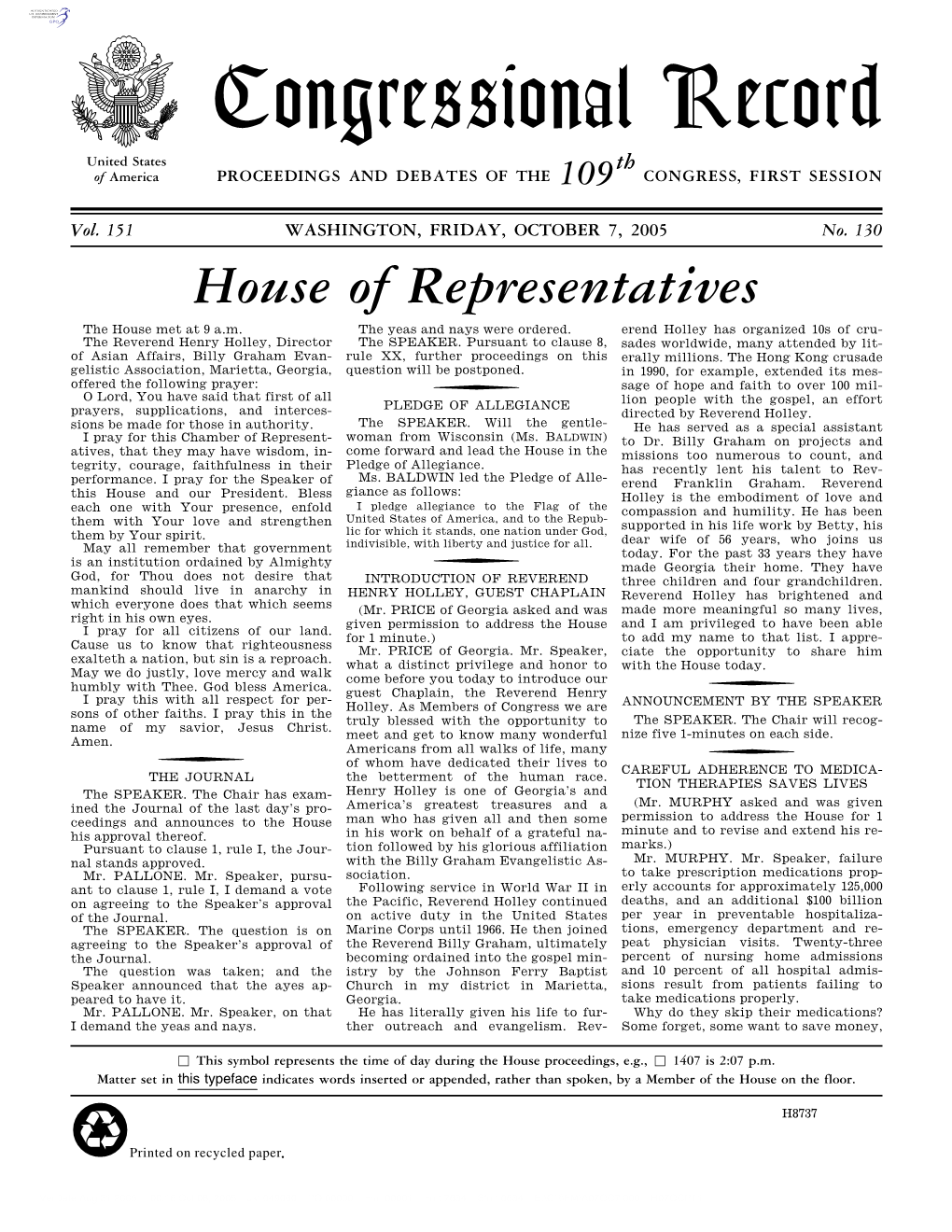 Congressional Record United States Th of America PROCEEDINGS and DEBATES of the 109 CONGRESS, FIRST SESSION