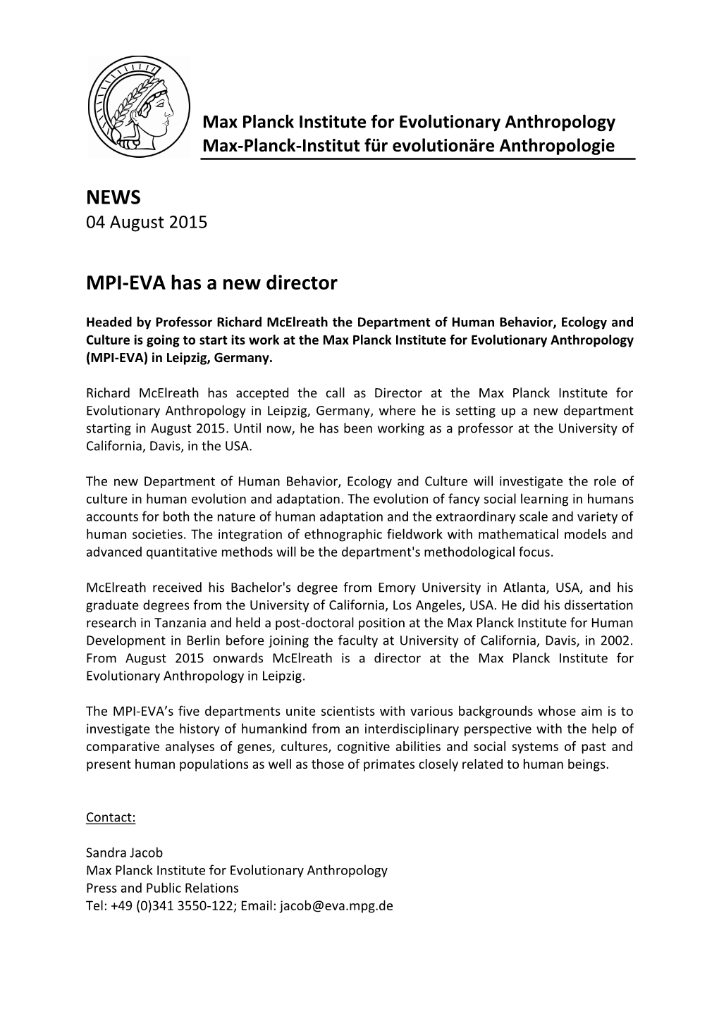 NEWS MPI-EVA Has a New Director