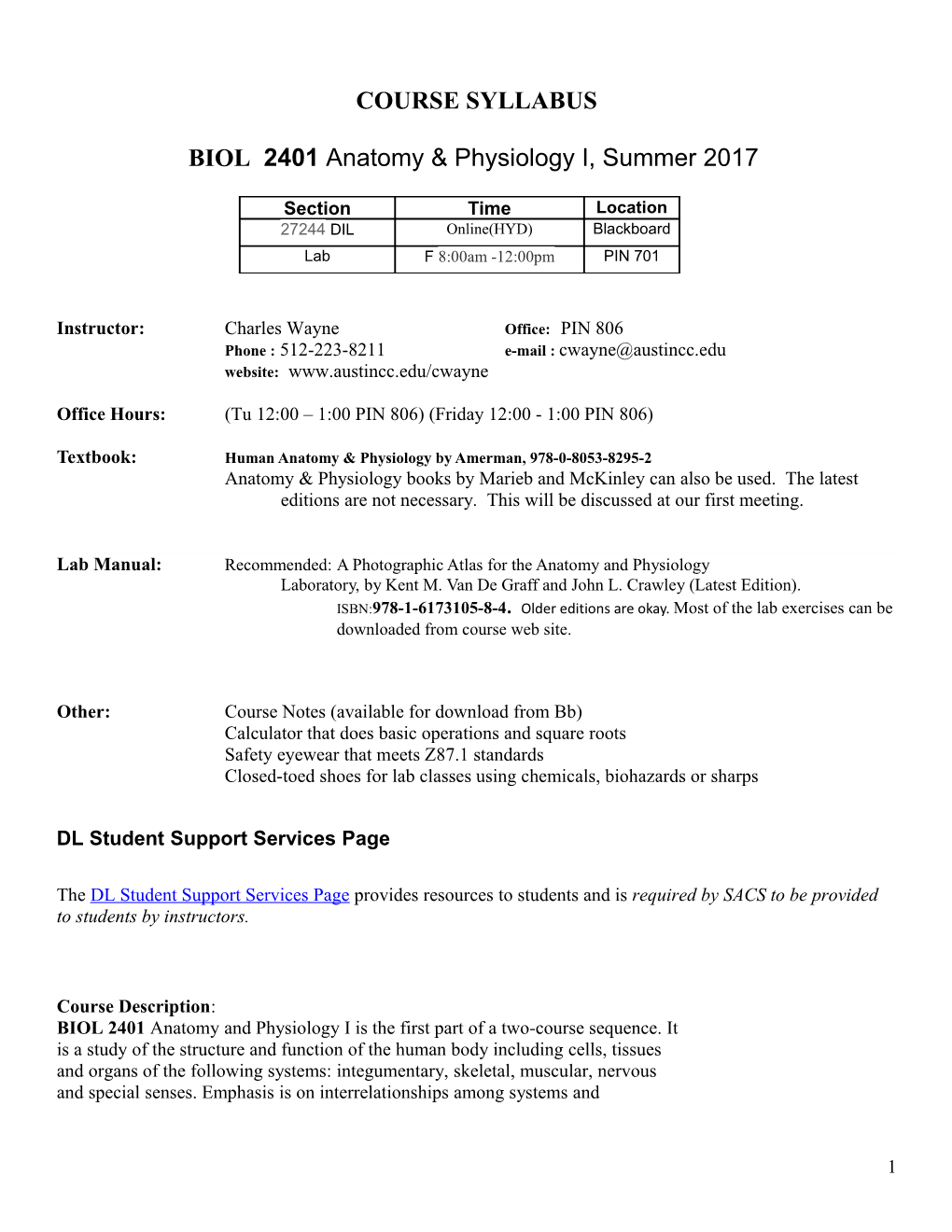 BIOL 2401 Anatomy & Physiology I, Summer 2017