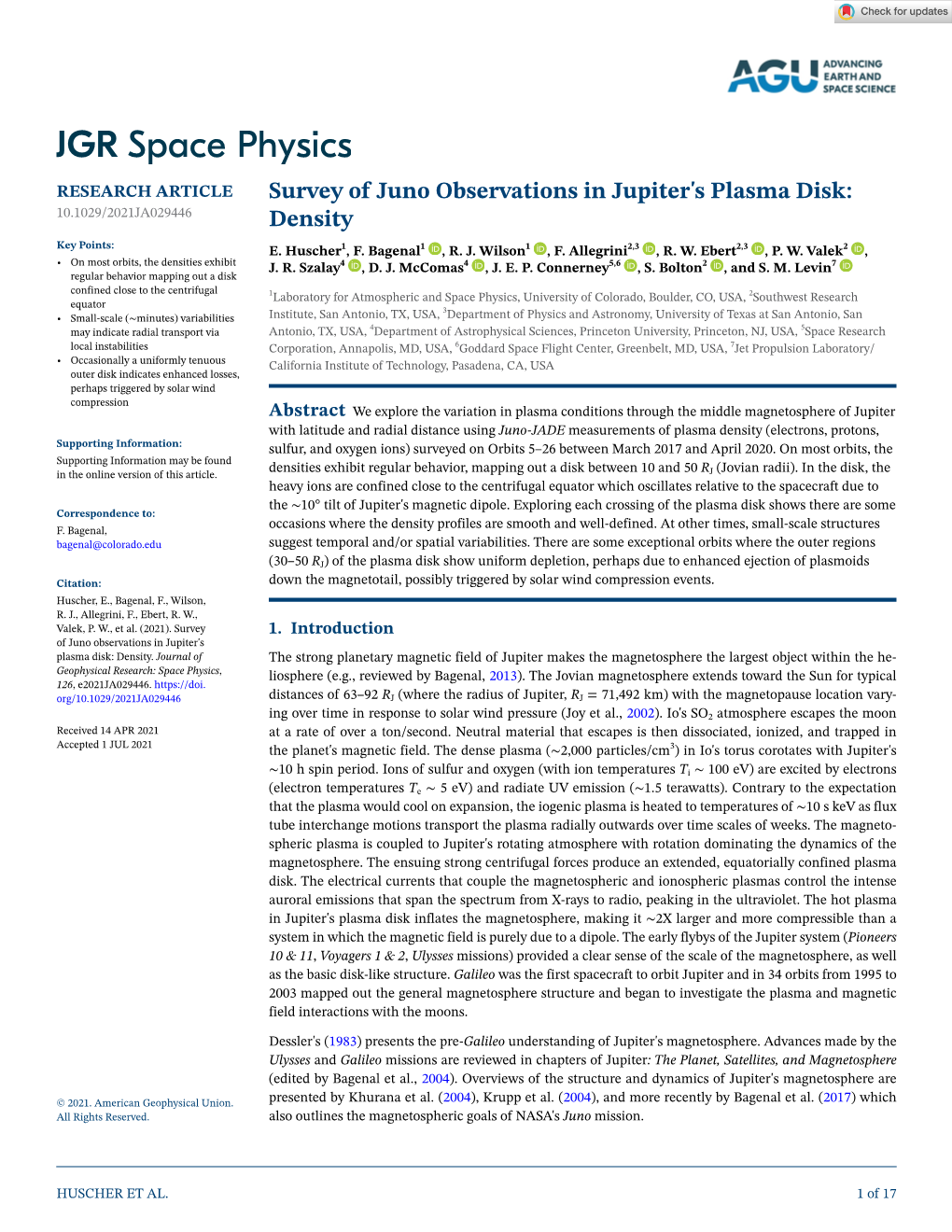 Survey of Juno Observations in Jupiter's Plasma Disk: Density