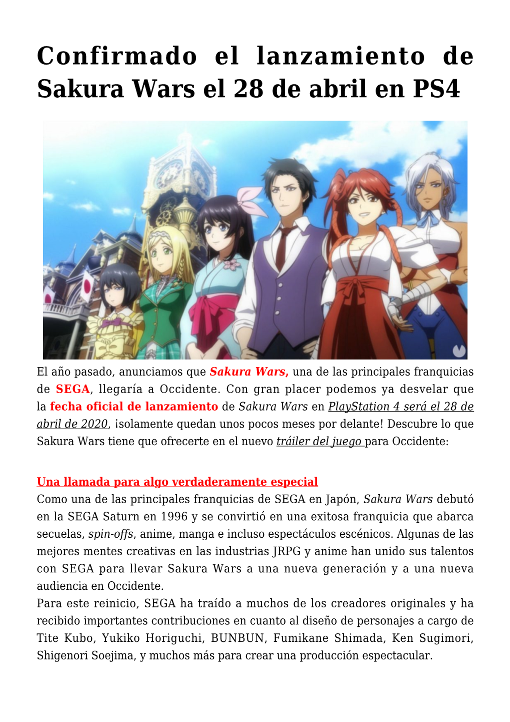 Confirmado El Lanzamiento De Sakura Wars El 28 De Abril En PS4