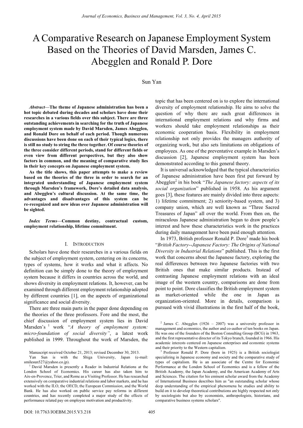 A Comparative Research on Japanese Employment System Based on the Theories of David Marsden, James C